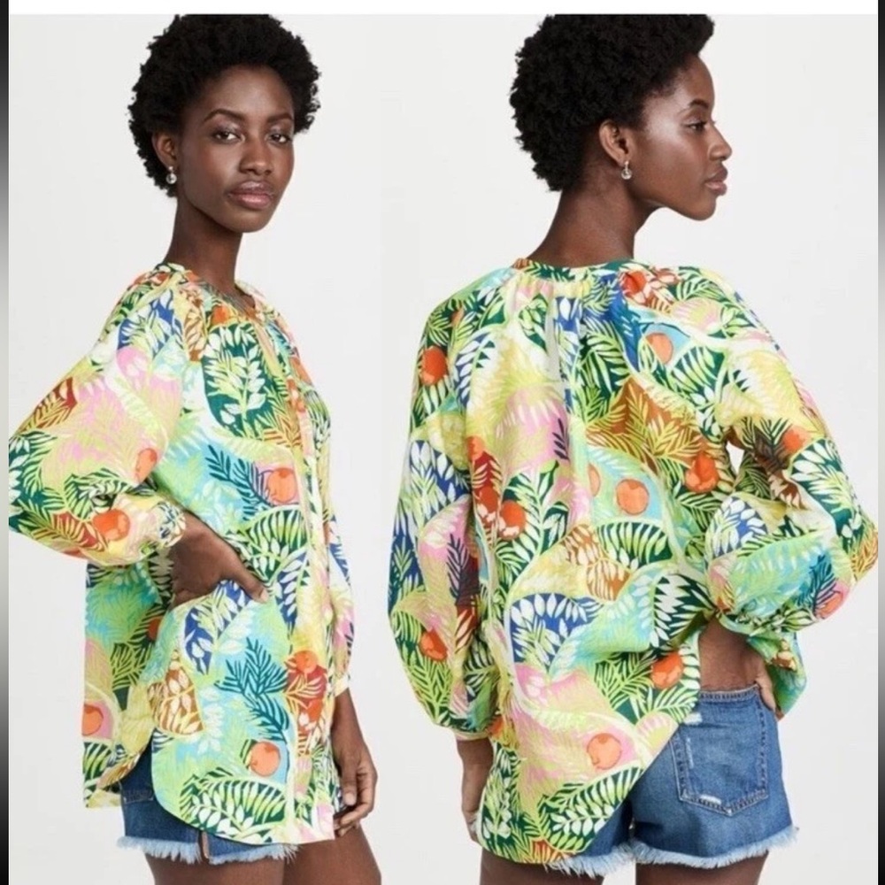 STAUD Women’s Vincent Capri Tree Print Linen Rainbow Floral Tunic Top L New